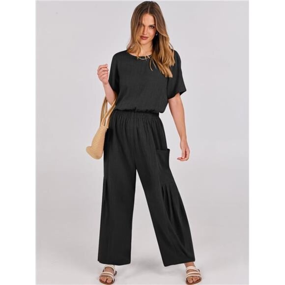 Women's Linen Jumpsuit –  Casual Loose Fit, Short Sleeve, Wide  Leg One-Piece - Picture 3 of 7